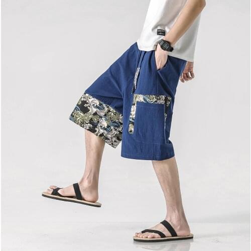Men Linen Cotton Harem Pants Mens Calf Length Embroidery Pants Man Casual Hip Hop Trousers Male Elastic Waist Wide Leg Pants