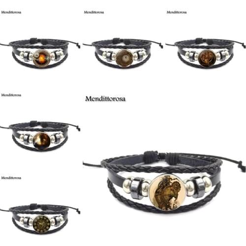Mendittorosa Steampunk Personality Clock Antique Vintage Glass Black Leather Bracelet Bangle Women Jewelry For Girls