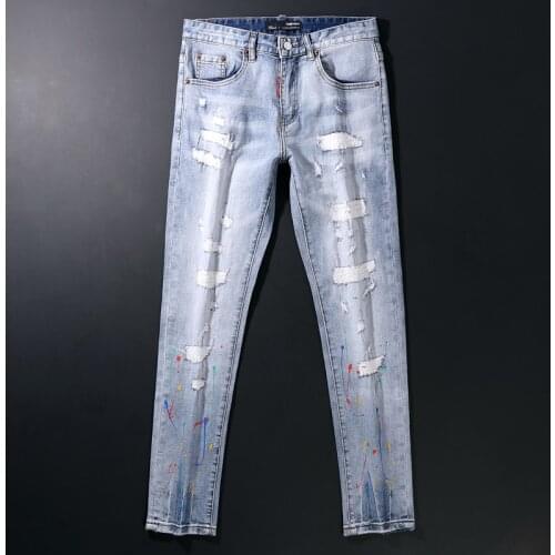 American Street Fashion Men Jeans Retro Light Blue Slim Fit Ripped Jeans Men Korean Style Patch Designer Hip Hop Pencil Pants