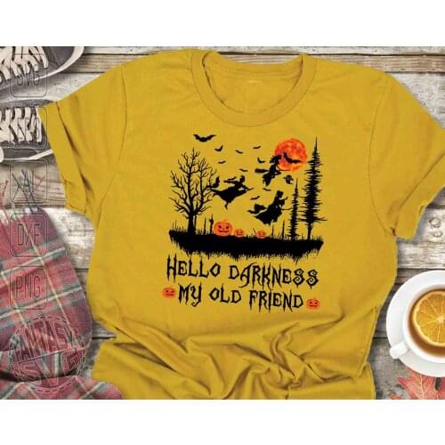 Hello Darkness My Old Friend Happy Halloween Moon Flag Pumpkin t shirt graphic pure cotton witch gothic tees vintage cute tops