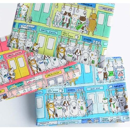 PINK BLUE GREEN Cartoon Subway Cat Animals 20S 100% Cotton Plain Fabric for Handwork Dress Quilt Cushion Craft Tablecloth Tissue