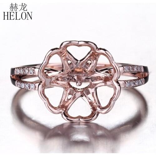 HELON Solid 10K Rose Gold Natural Diamonds Engagement Anniversary Fine Jewelry Semi Mount Ring Setting Fit Round Pearl 8-12mm