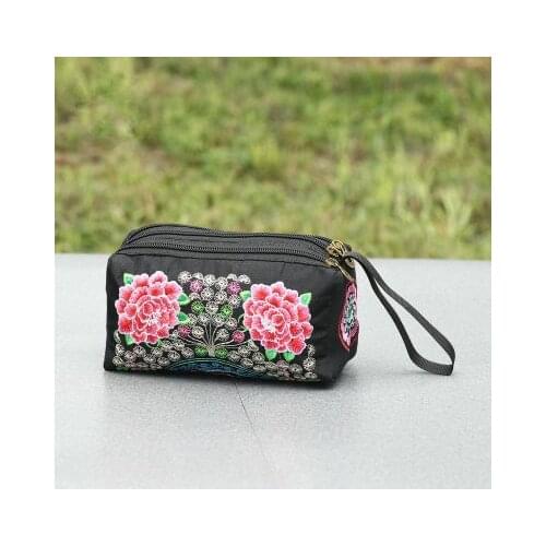 Hot national embroidery Mini women shopping handbags!New multi floral prints lady three-zipper bag All-match canvas Day Clutches