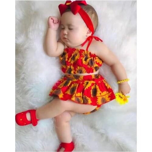3PCS Newborn Baby Girls Clothes Summer Set Kids Child Vest Tops Sunflower Print Short Headband Toddler New Born Summer Outfits