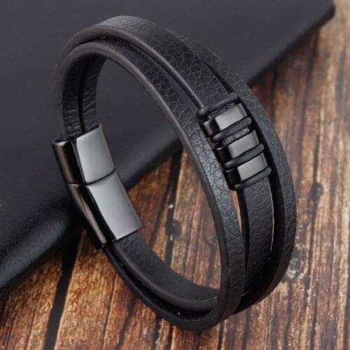 LAMEMDEE Punk Braid Leather Bracelet Stainless Steel Bangle for Men Jewelry Black Rope Chain Double Layer Steel Beads women