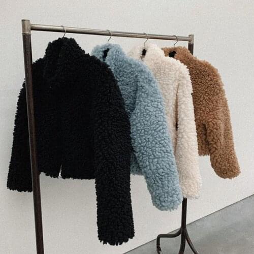 New Zipper Pocket Turtleneck Fluffy Fleece Jacket Women Lamb Long Sleeve Fuzzy Crop Jacket Keep Warm Winter Coat Fashion Outfits