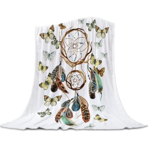 Dream Catcher Feather Butterfly White Throw Blanket Home Decoration Sofa Blanket Warm Microfiber Blankets for Bedroom