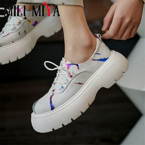 MILI-MIYA Fashion Platform Women Cow Leather Flats Lace Up Round Toe Mixed Color Casual Street Spring Autumn Shoes For Ladies