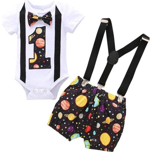 2Pcs Fashionable Baby Girls Outfit, Toddlers Bow Number Decoration Short Sleeve Romper + Planet Printing Suspender Shorts