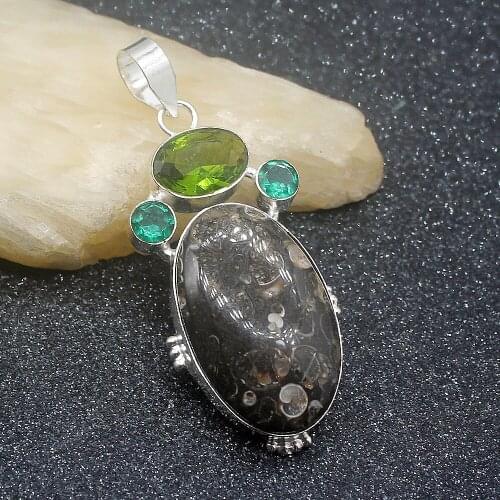 Charms Fashion AmmoniteJasper Peridot GreenTopaz Unique Jewelry Silver Color Pendant Necklace 65mm HD453