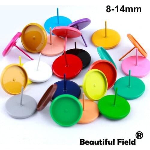 20pcs Fit 12mm Cabochons Earrings Base Ear Setting Colorful Plated Round Cameo Base Blank Rose Red With Plug