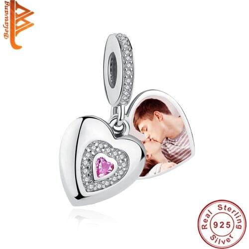 Personalized Custom Photo 925 Sterling Silver Cute Pink Double Heart Charm Bead Fit Original Bracelet For Woman DIY Jewelry