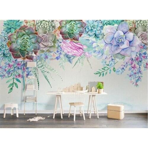 Custom fashion silky wallpaper fresh succulents watercolor style 3d stereo TV background wall papers home decor