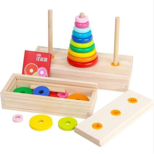 Rainbow Stacking Moving Tower Stapelring Blocks Challenge Brain Kids Montessori Toy Early Education Teaching Aids Wood Baby Toys
