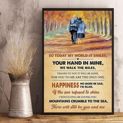Love Couple Romantic Poster So Today My World It Smiles Your Hands In Mine The Miles We Walk Art Wall Canvas Painting Home Decor