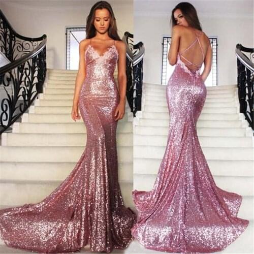Sequined Pink Long Evening Dresses Mermaid Prom Dress Spaghetti Strap Backless Sweep Train Evening Dress Custom Made