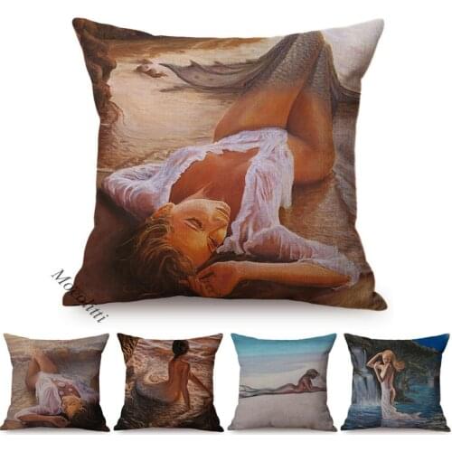 Mermaid Oil Painting Decorative Sofa Pillow Case Sexy Woman Ass Beach Photography Cotton Linen Square Cushion Cover Kussenhoes