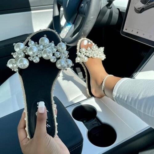 Pearl Slippers Women Summer Sandals 2021 Fashion Bling Female Candy Color Beach Diamond Slippers Flat Shoes Outdoor Sandals W
