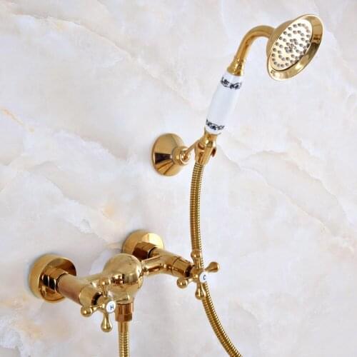 Modern Polished Gold Color Brass Wall Mount Bathtub Faucet with Handheld Shower Set +1.5M Hose Mixer Tap 2na967