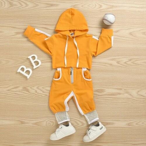 2019 New Autumn Toddler Infant Baby Girls Sport Clothes Hood Crop Tops Pants Tracksuit Outfit Yellow Girs Sports suit