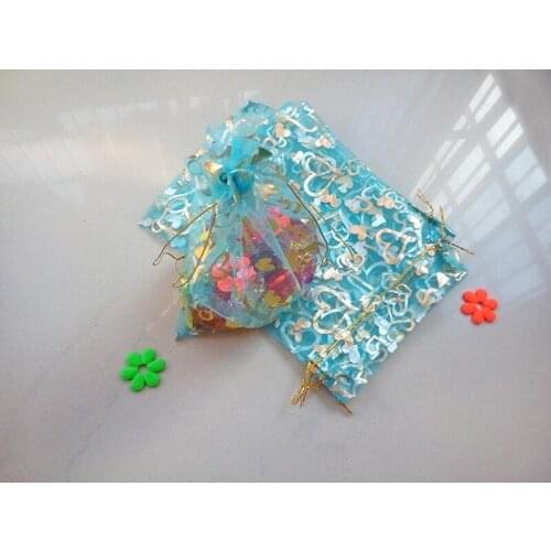 Lake blue heart organza bags 9x12cm 100pcs jewelry packaging display bags gifts drawstring bag pouch jewelry bag for bracelets