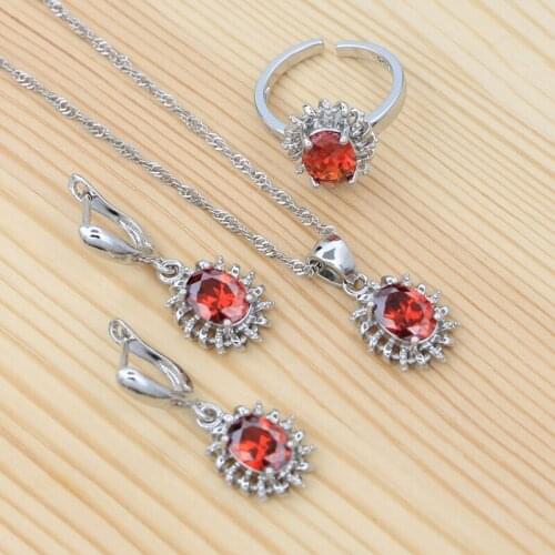 Bridal Wedding Earrings Pendant Chain Ring 925 Sterling Silver Jewelry Set Red Cubic Zirconia Oval Garnet Jewelry