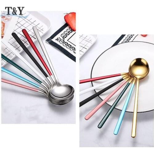 T&Y 1pc 19.5cm 304 Stainless Steel Coffee Teaspoon Creative Plating Ice Cream Spoons, Long Handle Colorful Drink Cutlery Spoon