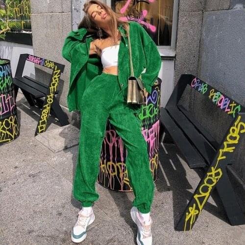 Street Corduroy Tracksuit Womens Long-sleeved Jacket and Harem Pants Matching Set Outfits Cool Girl Winter Green Two Piece Set