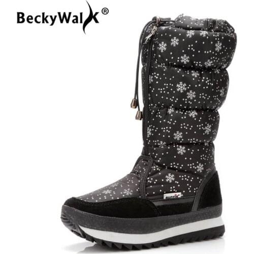 BeckyWalk New Fashion High Boots Women Winter Snow Boots Front Zipper Platform Warm Women Shoes Black White Snowflake WSH3098
