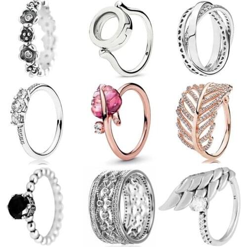 Authentic 925 Sterling Silver Ring Elegance Pink Murano Glass Leaf Interlocking Circle Heart Ring For Women Gift Fashion Jewelry