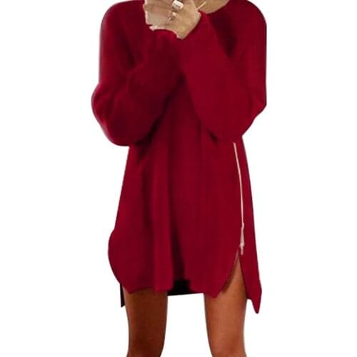 New Hot Sale Women Plus Size Solid Color Long Sleeve Zipper Slit Side Chic Autumn Soft Loose Casual Sweater Warm Homewear Dress