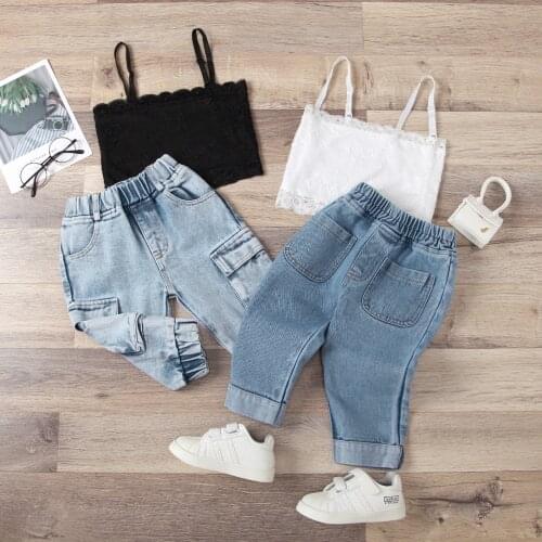 2-9Y Summer Newly Fashion Children Kids Girls Clothes Sets Casual Solid Sleeveless Vest Tops Denim Pants Outfits