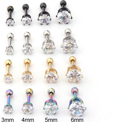 1PC Simple New Earring Round Cz Stainless Steel Multicolor Crystal Screw Ball Thin Rod Piercing Ear Body Jewelry