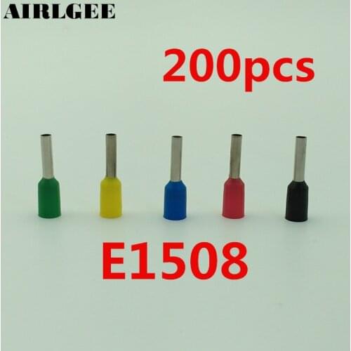200 Pcs 1.5mm2 E1508 Tube Pre Insulated Wiring Ferrule Terminals 16AWG Cable Wire Crimp Terminal Connector Assorted Color