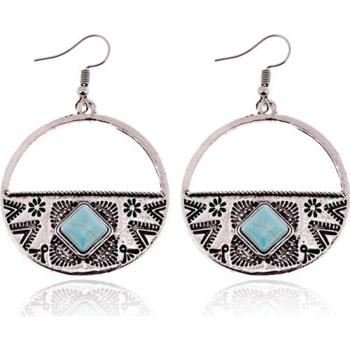 2019 Wholesale Vintage Womens Turquoises Bohemia Boho Style Carved Ethnic Round Earrings Jewelry Women Gift HQE198