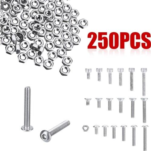 250pcs/set A2 Stainless Steel M3 Cap/Button/Flat Head Hex Socket Screws Sets Bolt With Hex Nuts Assortment Kit Hand Tools Mayitr