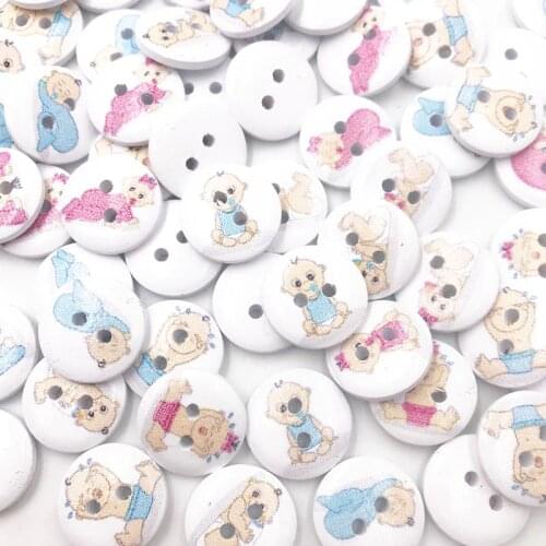 30/50/100pcs white 2 Hole Mixed Baby Cartoon Round Wood Buttons Home Sewing Scrapbooking Decor Clothing 15mm WB763