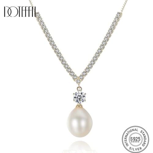 DOTEFFIL New 925 Silver Chain Zircon Pearl Necklace Pendant 10-11MM Pearl Natural Freshwater Pearl Jewelry Link Women Party Gift