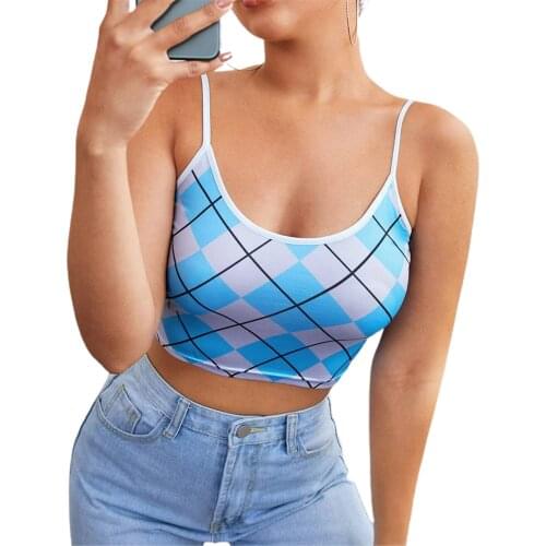 Womens Argyle Print Camisole, Sexy Sleeveless Spaghetti Strap Slim Fit Crop Cami Tops