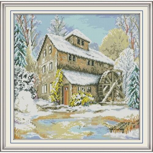 Everlasting Love Waterwheel Cabin Chinese Cross Stitch Kits Ecological Cotton Printed 11CT DIY Christmas Gift Wedding Decoration