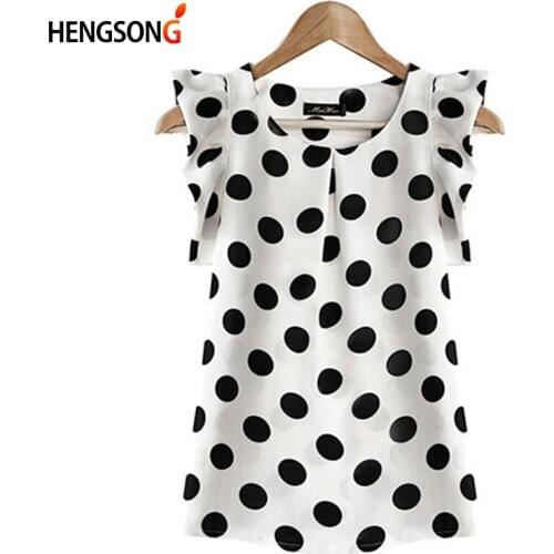HENGSONG 2020 Hot Sales New Summer Womens Ladies Chiffon Blouse Puffed Short Sleeve Dot Print Top Blusa Plus Size XXL Black Whit