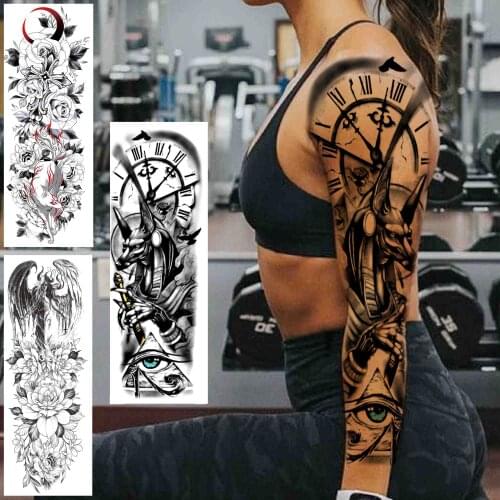 Compass Wolf Eye Temporary Tattoos Sleeve For Women Men Moon Rose Peony Fake Tatoos Full Arm Realistic Waterproof Tattoo Sticker