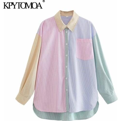 KPYTOMOA Women 2021 Fashion Patchwork Striped Oversized Blouses Vintage Long Sleeve Pockets Female Shirts Blusas Chic Tops