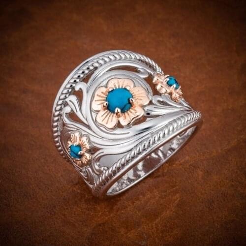 Milangirl Exquisite Vintage Floral White Blue Zircon Hollow Romantic pink flower Rings for Women Temperament Bridal Ring