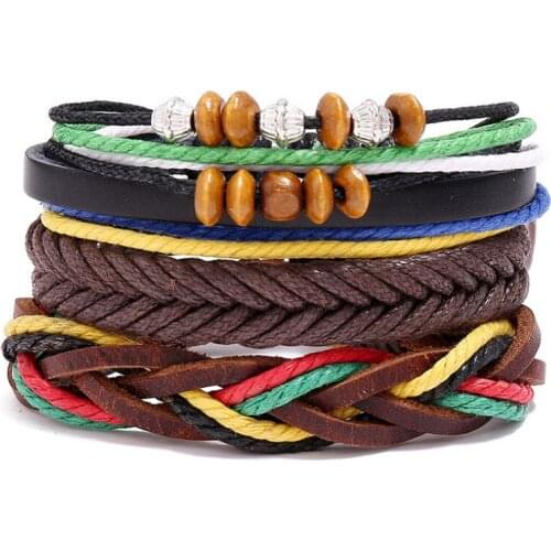 Fashion Punk Hiphop Vintage Rope Leather Bracelet Set Retro Wood Beads Braided Charm Wristbands Adjustable Bangle Casual Jewelry