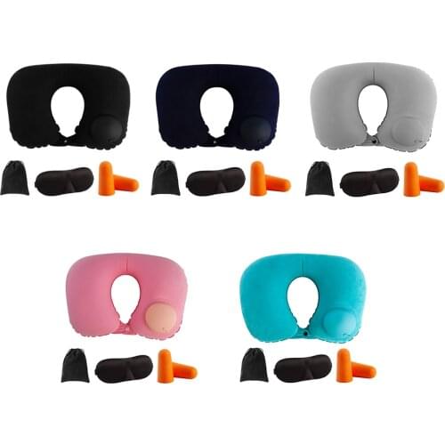 Inflatable Neck Pillow with Sleep Mask Earplugs Bag Ervical Spine Natural Latex Pillow for Car Plane Train Travel