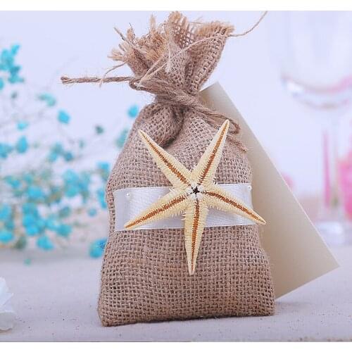 16x9cm Rustic Small Natural Burlap starfish Linen Favor Bags Jute Hessian Wedding Gift Bags Pouch Candy Bags