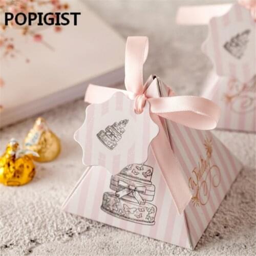 Pink Striped Paper Boxes Cake Triangular Pyramid Wedding Favors Candy Boxes +card+ribbon Party Gift Box Chocolate Box 50pcs