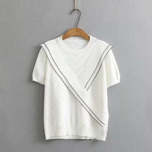 Summer Cotton Shirts Elegant Casual Blouses O-Neck Short Sleeve Bright Line Decoration Loose Tops Fashion Ladies Blusas MM0696