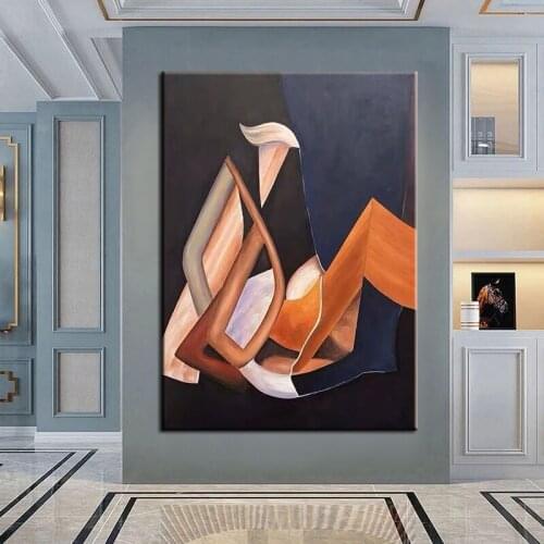 Hand Painted Abstract Oil Painting Wall Art Black Blue Orange Minimalist Decorative Modern On Canvas For Living Room No Frame